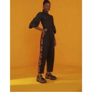 Farm Rio Carrot Beaded Fringe Embroidered Side Pants in Black L